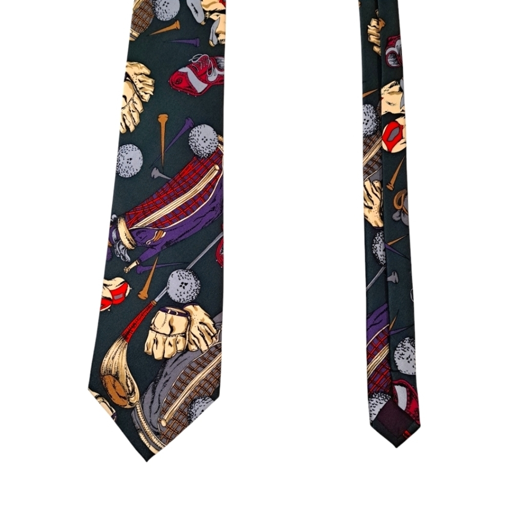SINSABANG 100% Pure Silk Green Multicolor‎ Golf Print Korean Stand Width Tie